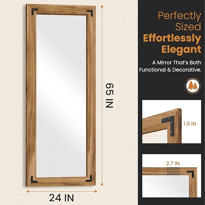 Full Length Mirror with Wooden Frame, Hanging or Leaning Wall-Mounted - Image 4