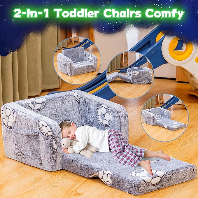 Lamerge 2-in-1 Soft Toddler Couch Fold Out, Foldable Toddler Chair, Glow in The - Image 6
