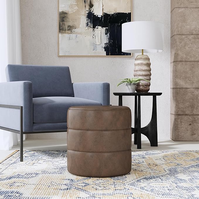 HomePop Upholstered Faux Leather Round Ottoman Home Décor | Round Pouf Foot - Image 2