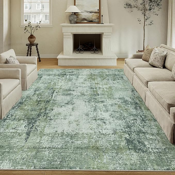 8x10 Washable Area Rug Dark Green Modern Neutral Abstract Living Room Bedroom - Image 3