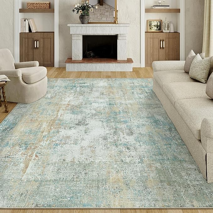 8x10 Washable Area Rug Teal Beige Modern Neutral Abstract Living Room Bedroom - Image 5