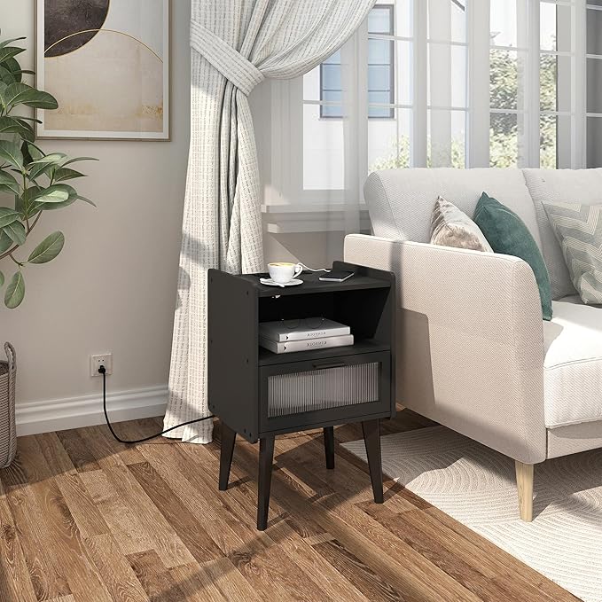 Nightstand with Charging Station, Bedside Tables, End Table Side Table with 2 - Image 2