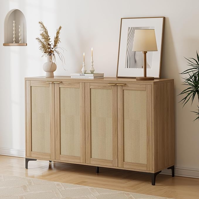 Sideboard Buffet Cabinet with Storage, 4 Doors Rattan Kitchen Cabinet with - Image 5