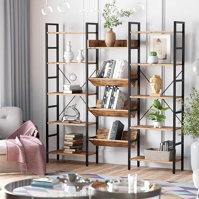 IRONCK Bookshelves and Bookcases 5 Tiers, Triple Wide Industrial Bookshelf - Image 4