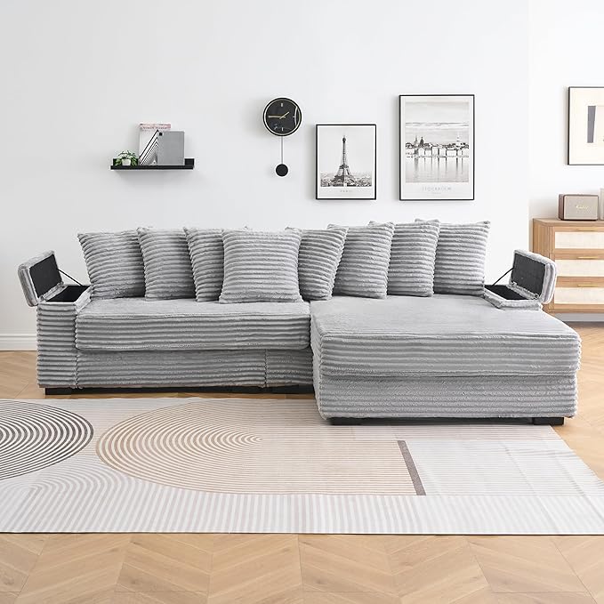 KEIKI 114" Corduroy Sofa with Cup Holders & Storage, L Shaped Sleeper Cloud - Image 6