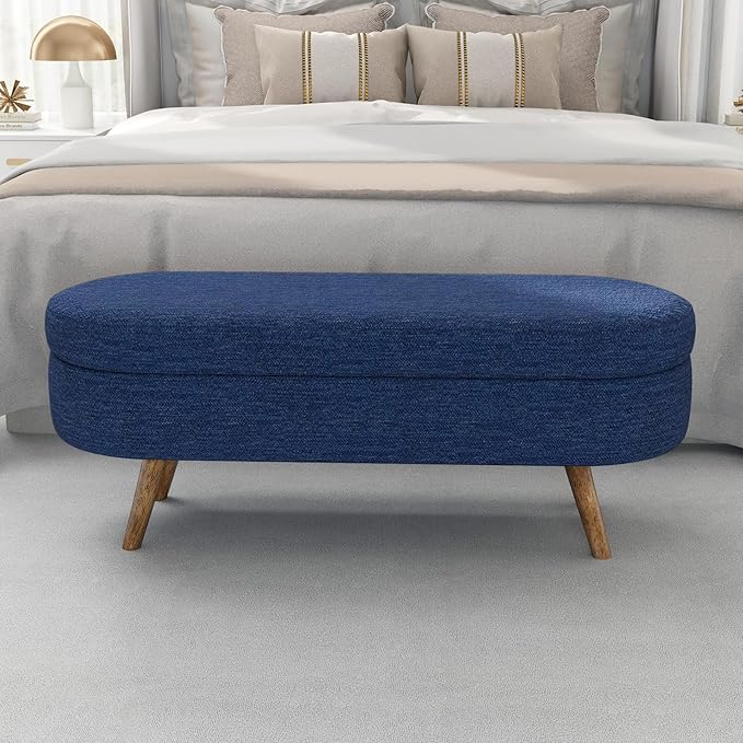 Oval Storage Bench 43.5" Linen Fabric Upholstered Entryway Bench - Image 3