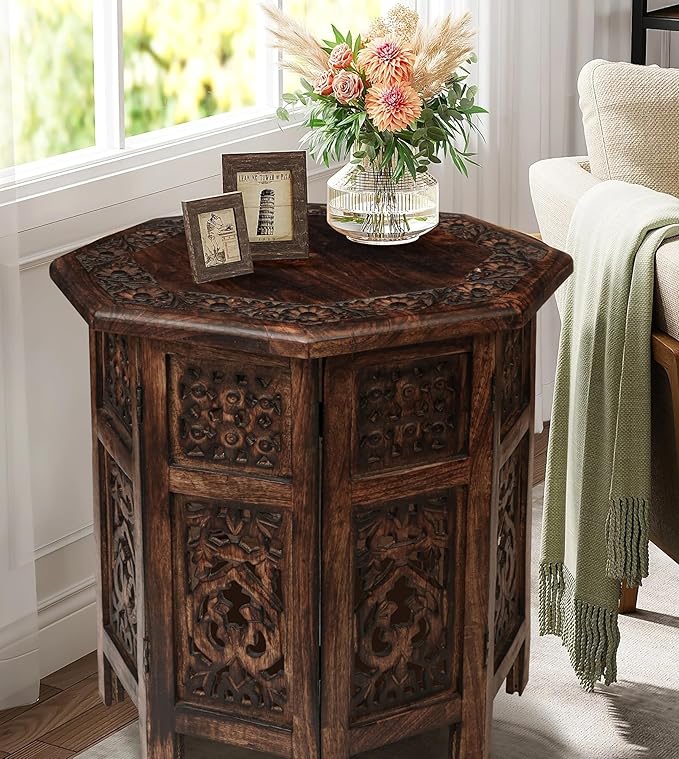 The Wooden Town End Tables for Living Room– Hand Carved Vintage Boho Folding - Image 8