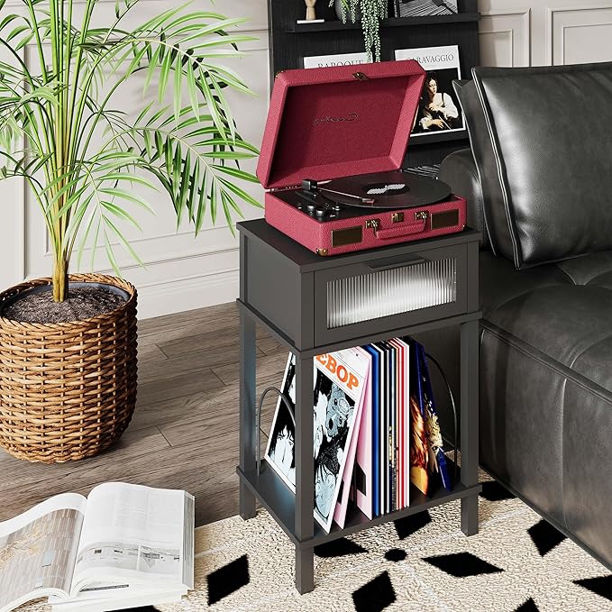 End Table with Record Player Stand, Side Table with Storage, 2-Tier Nightstand - Image 2
