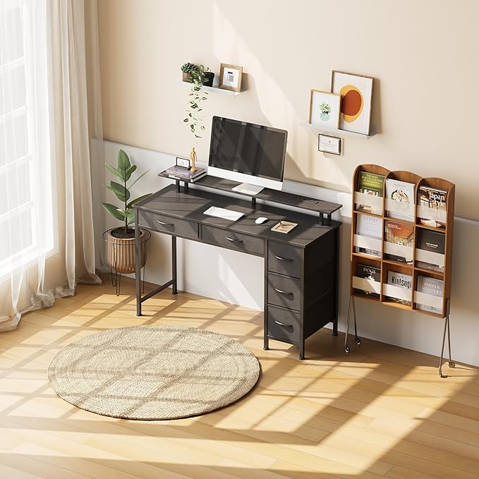 Computer Desk with 5 Drawers, Gaming Desk with LED Lights Power Outlets and - Image 2