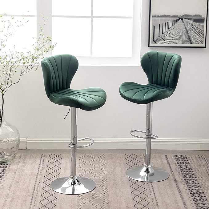 Roundhill Furniture Ellston Velvet Adjustable Swivel Barstools in Green by RoundhillFurniture