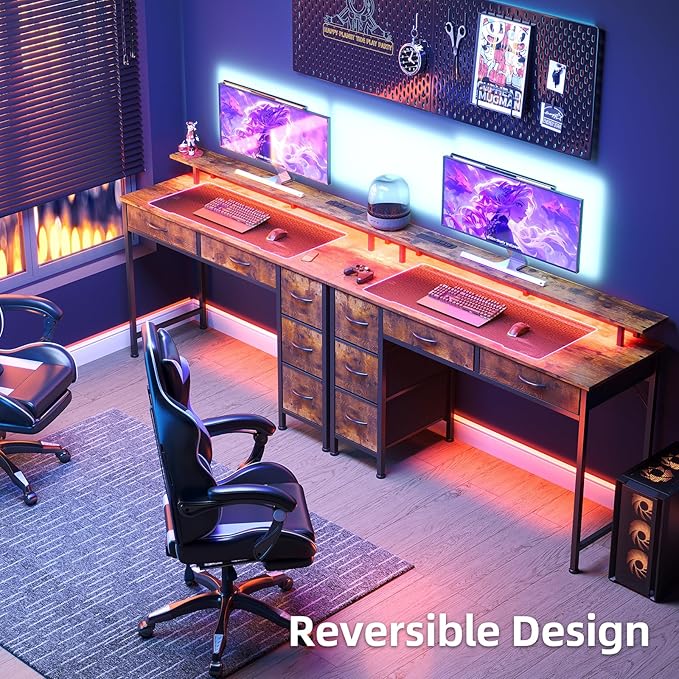 Computer Desk with 5 Drawers, Gaming Desk with LED Lights Power Outlets and - Image 4