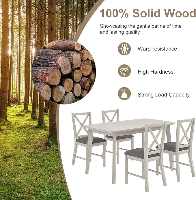 5-Piece Dining Table Set for 4, Solid Wood Kitchen Table Set - Image 6