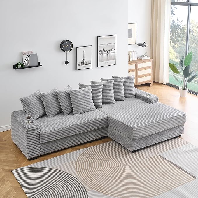 KEIKI 114" Corduroy Sofa with Cup Holders & Storage, L Shaped Sleeper Cloud - Image 7