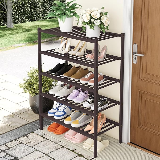 Smiry Shoe Rack, 5 Tier Thick Bamboo Shoe Organizer, Stackable Free Standing - Image 7