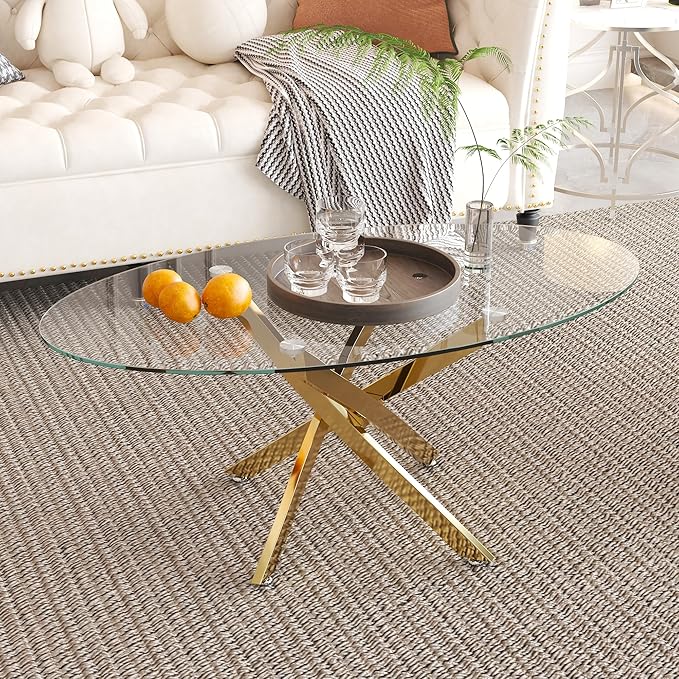 Glass Coffee Table with Chromed Legs, Oval Modern Living Room Center Table by NIERN