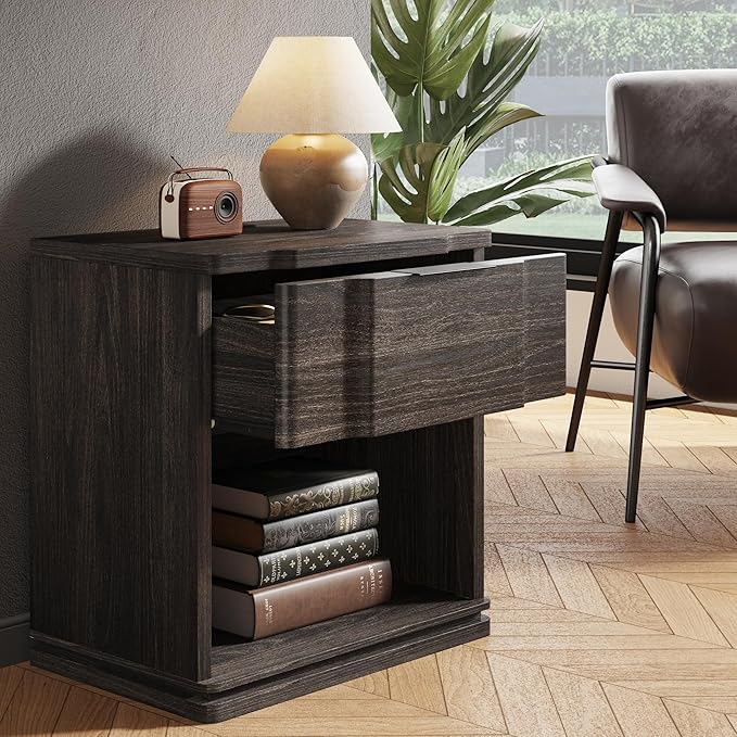 Nightstand with Charging Station, Wooden Curved Night Stand Bedside Table with - Image 6