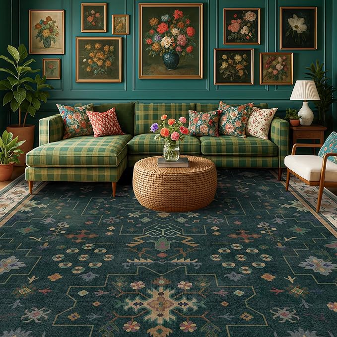 Dark Green Vintage 8x10 Washable Rugs by HazoHaus