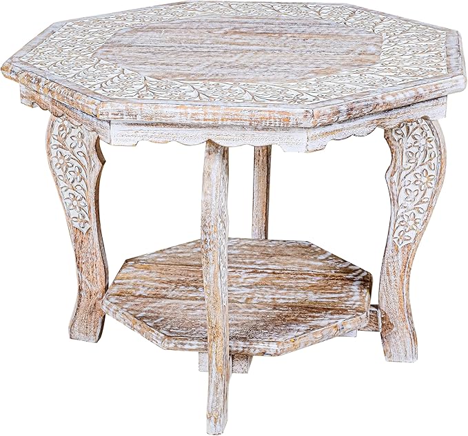 Farmhouse Carved Octagonal End Table – Rustic Accent Side Table - Image 4