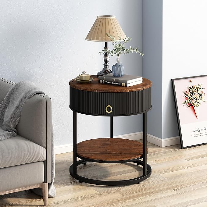 OIOG Round End Table with Drawer, Modern Wood Grain Side Table with Shelf - Image 8