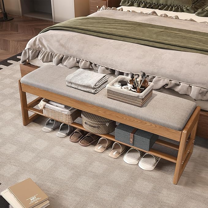 Shoe Rack Bench with Cotton-Linen Cushion 2-Tier Wooden Storage Bench 550lbs - Image 9