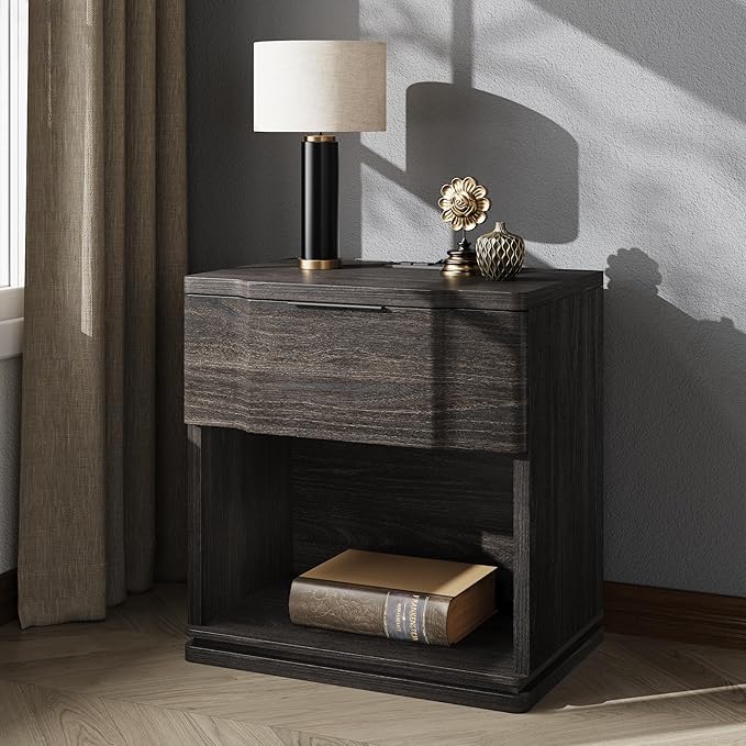 Nightstand with Charging Station, Wooden Curved Night Stand Bedside Table with by MECHYIN