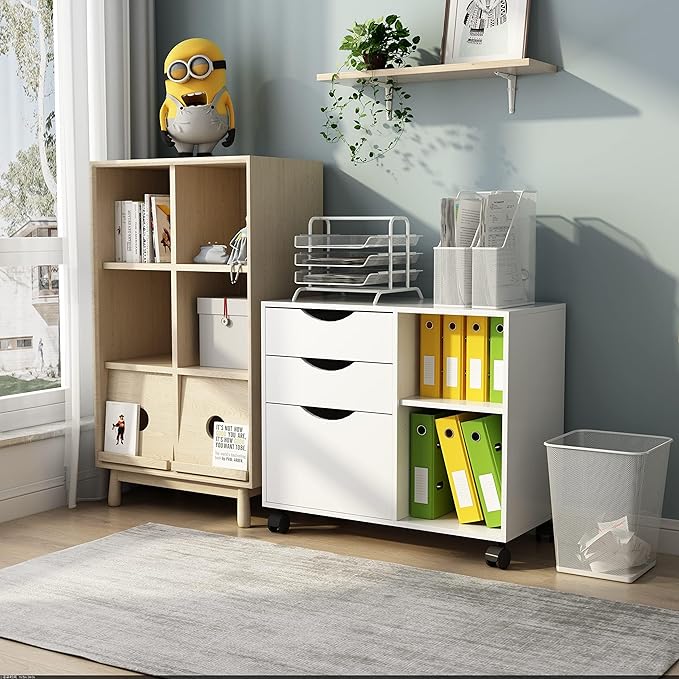 QDSSDECO 3-Drawer with Shelf Wood File Cabinet Mobile Lateral Filing Cabinet - Image 7