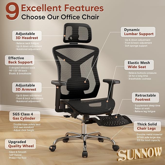 Ergonomic Office Chair with Foot Rest, Home Mesh Desk Chair with Adjustable - Image 3