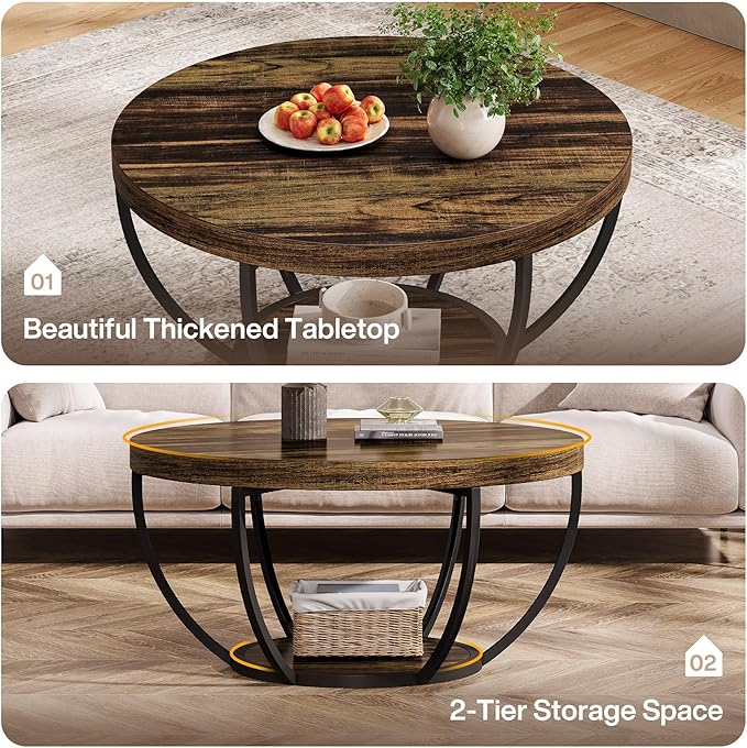 Tribesigns Round Coffee Table, 31.7" Wooden 2-Tier Circle Coffee Table - Image 3