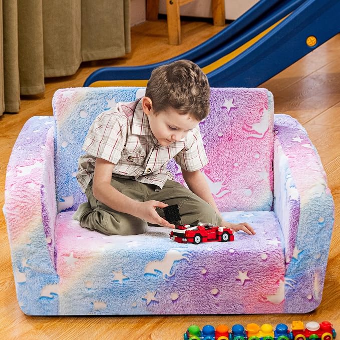 Lamerge 2-in-1 Soft Toddler Couch Fold Out, Foldable Toddler Chair, Glow in The - Image 2