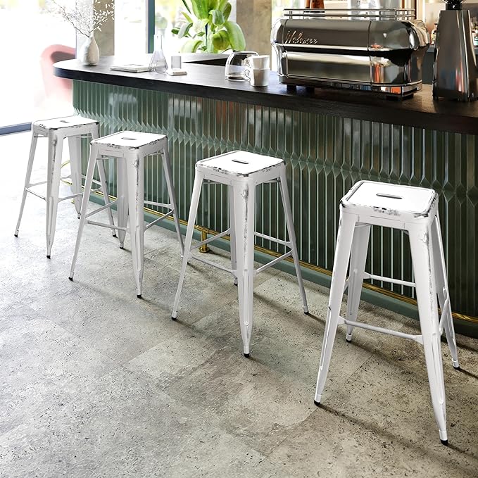 Flash Furniture Kai Commercial Grade 30" High Backless Distressed White Metal - Image 6