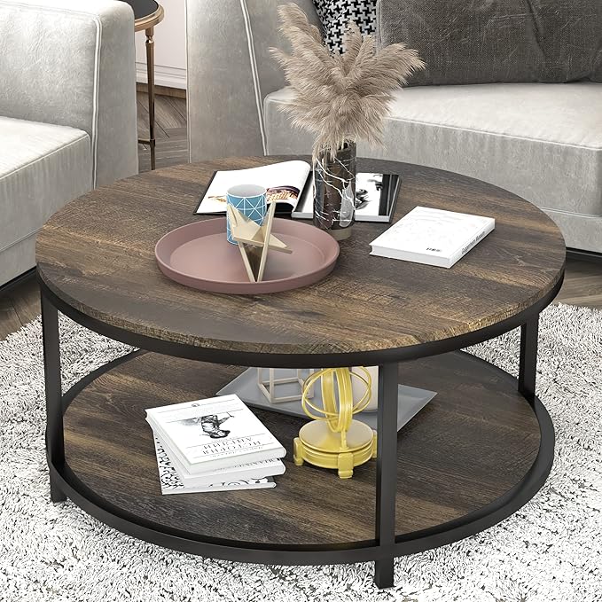 NSdirect 36 inches Round Coffee Table, Rustic Wooden Surface Top & Sturdy Metal by NSdirect