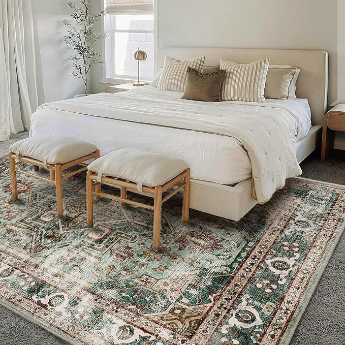 Area Rug 8'x10' Green Washable Vintage Traditional Mat Distressed Indoor - Image 3