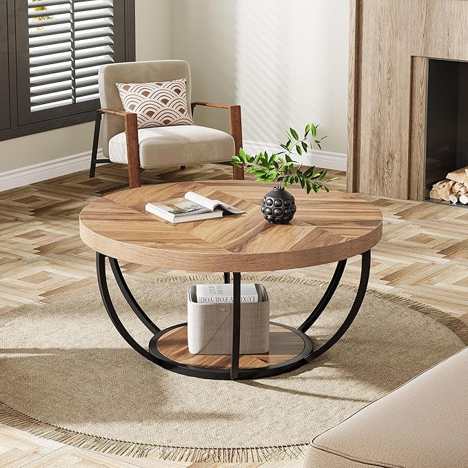 Tribesigns 31.7" Round Industrial Coffee Table - Image 3