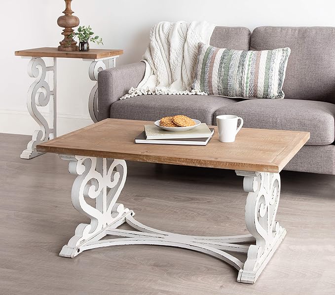 Kate and Laurel Wyldwood Rustic Carved Coffee Table, Distressed Brown and White - Image 2