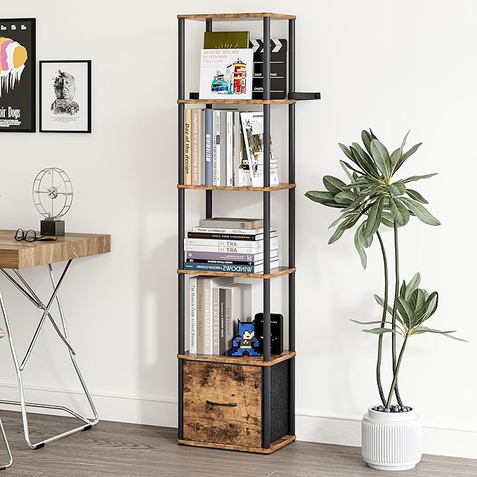 6-Tier Bookshelf with Drawer, Narrow Bookshelves Organizer, Floor Standing - Image 2