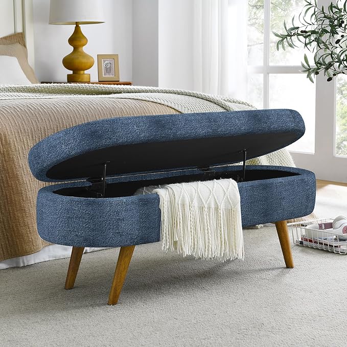 Oval Storage Bench 43.5" Linen Fabric Upholstered Entryway Bench by ECLYLFurniture