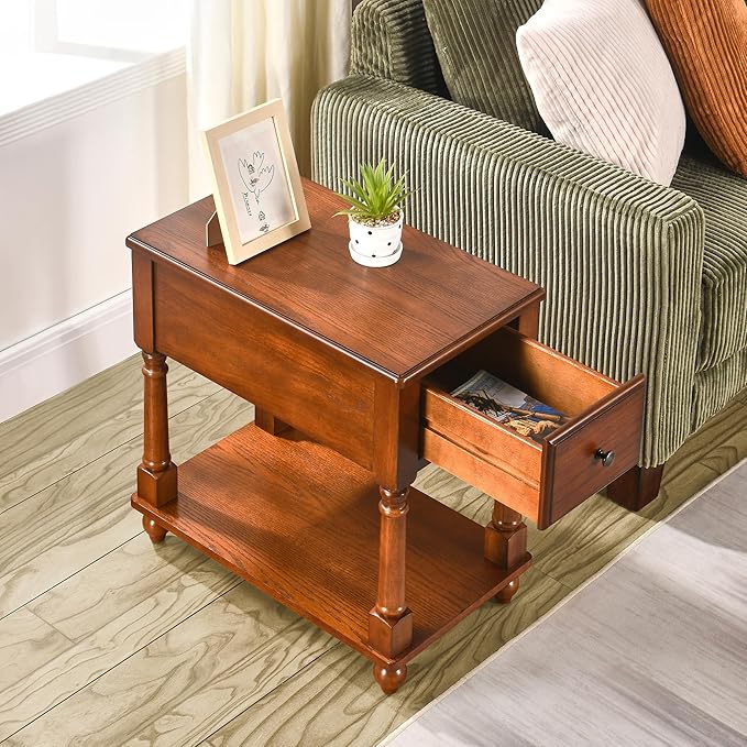 Narrow End Table with Drawer and Open Storage Shelf, Solid Wood Sofa Side Table - Image 9