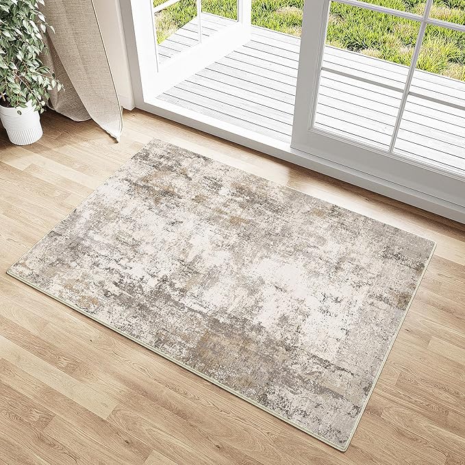 2x3 Washable Area Rug Brown Grey Neutral Abstract Entryway Kitchen Non Slip Low by WondRg