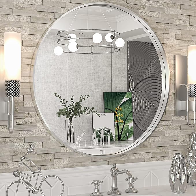 TokeShimi Round Mirror 24 Inch Brushed Silver Round Bathroom Mirror by RefinedBathroomAccessories