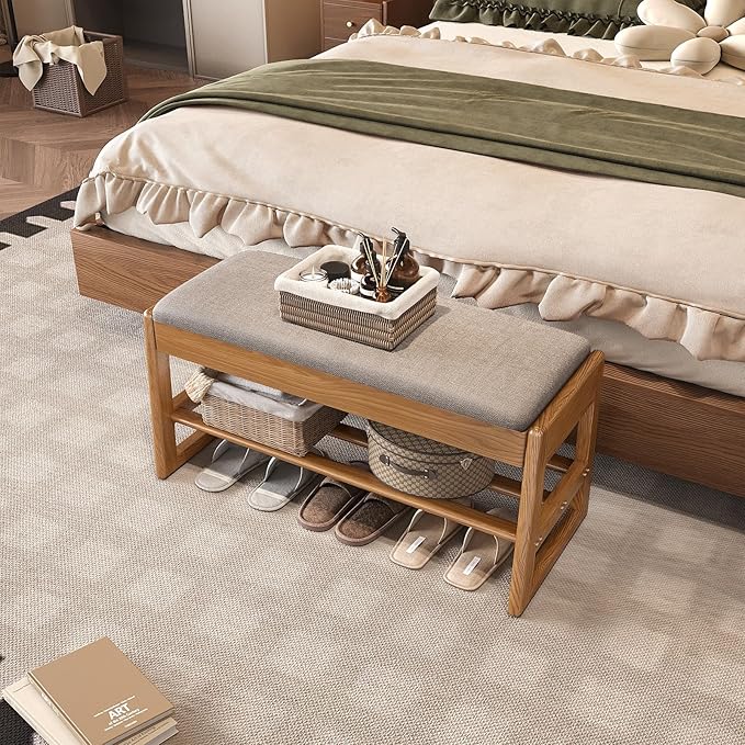 Shoe Rack Bench with Cotton-Linen Cushion 2-Tier Wooden Storage Bench 550lbs - Image 9