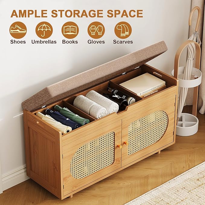 Rattan Shoe Storage Bench, Bamboo Entryway Bench, 2-Tier Shoe Rack, 35.4" W x - Image 3