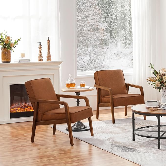 Yaheetech PU Leather Accent Chair, Mid-Century Modern Barrel Chair - Image 4