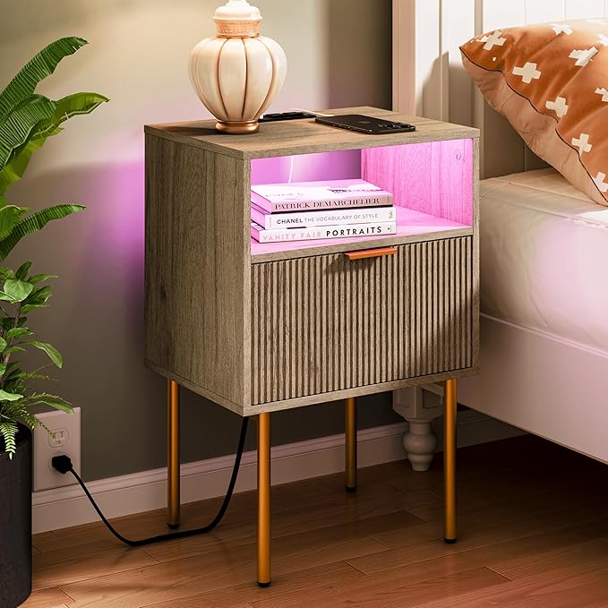 Modern Nightstand with Charging Station and LED Lights, Fluted Side Table - Image 8
