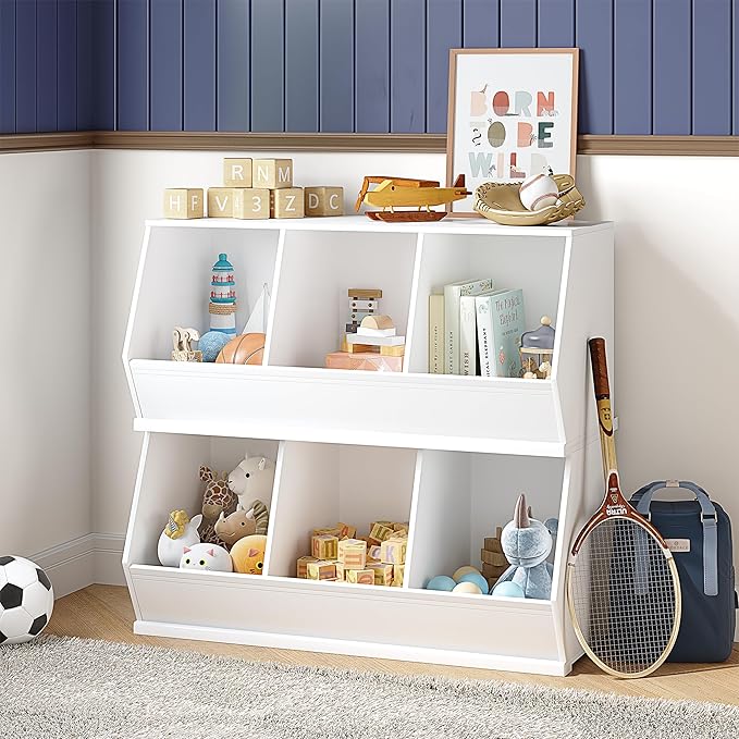 UTEX Stackable Toy Storage Cabinet, Wooden Cubby Organizer, Living Room - Image 4