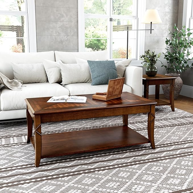 Solid Wood Coffee Table with Storage Shelf, Rectangle Coffee Table - Image 4