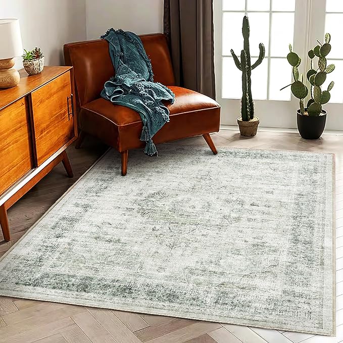 Washable Area Rug 4'x6' Floral Green Vintage Traditional Floor Cover Foldable - Image 2