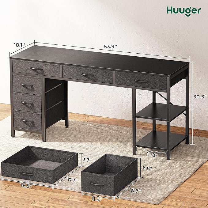 Huuger Computer Desk with 6 Drawers, 54 Inch Office Desk with Shelves, - Image 3