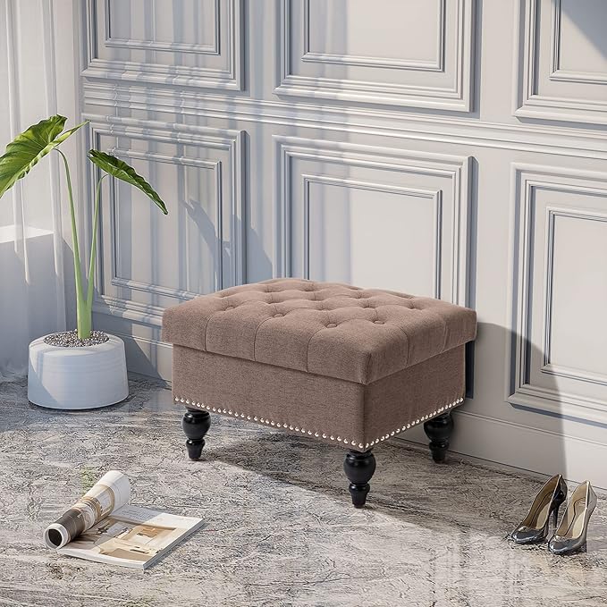 HOMCOM Ottoman with Storage for Living Room, Button-Tufted Fabric Bench for - Image 2