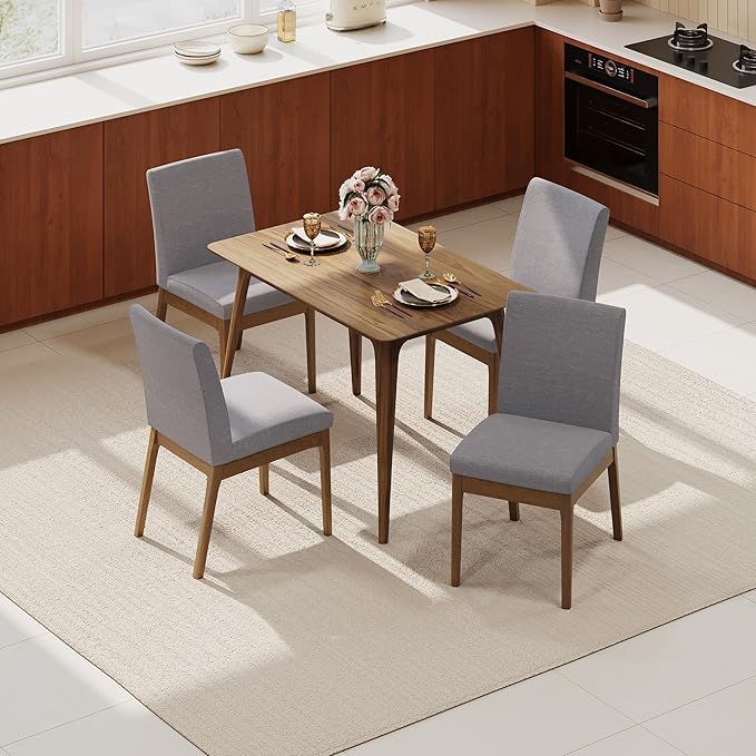 Dining Table Set for 4, Solid Rubberwood Upholstered Chairs, Mid-Century Modern - Image 2