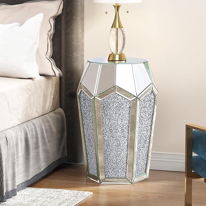 ENENE Mirrored End Table Crystal Diamond Setting Coffee Table Silver Glass Side - Image 6